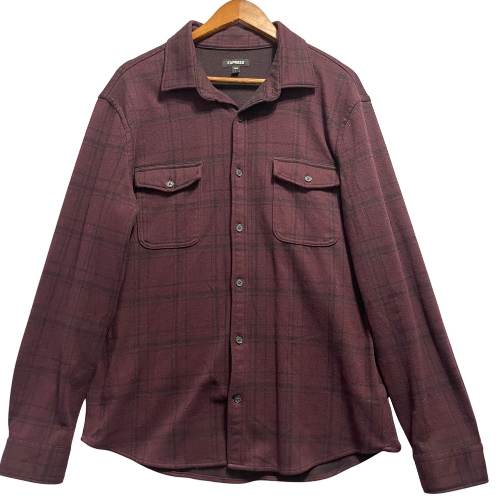 Express Shirt Mens L Burgundy Plaid Brushed Knit Stretch Button Up Holiday